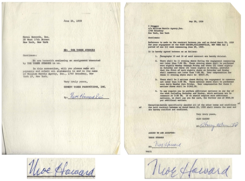 Two 1959 Agreements Signed by Moe Howard -- Regarding Three Stooges Performances & Payments -- Each Measures 8.5'' x 11'', Very Good Plus